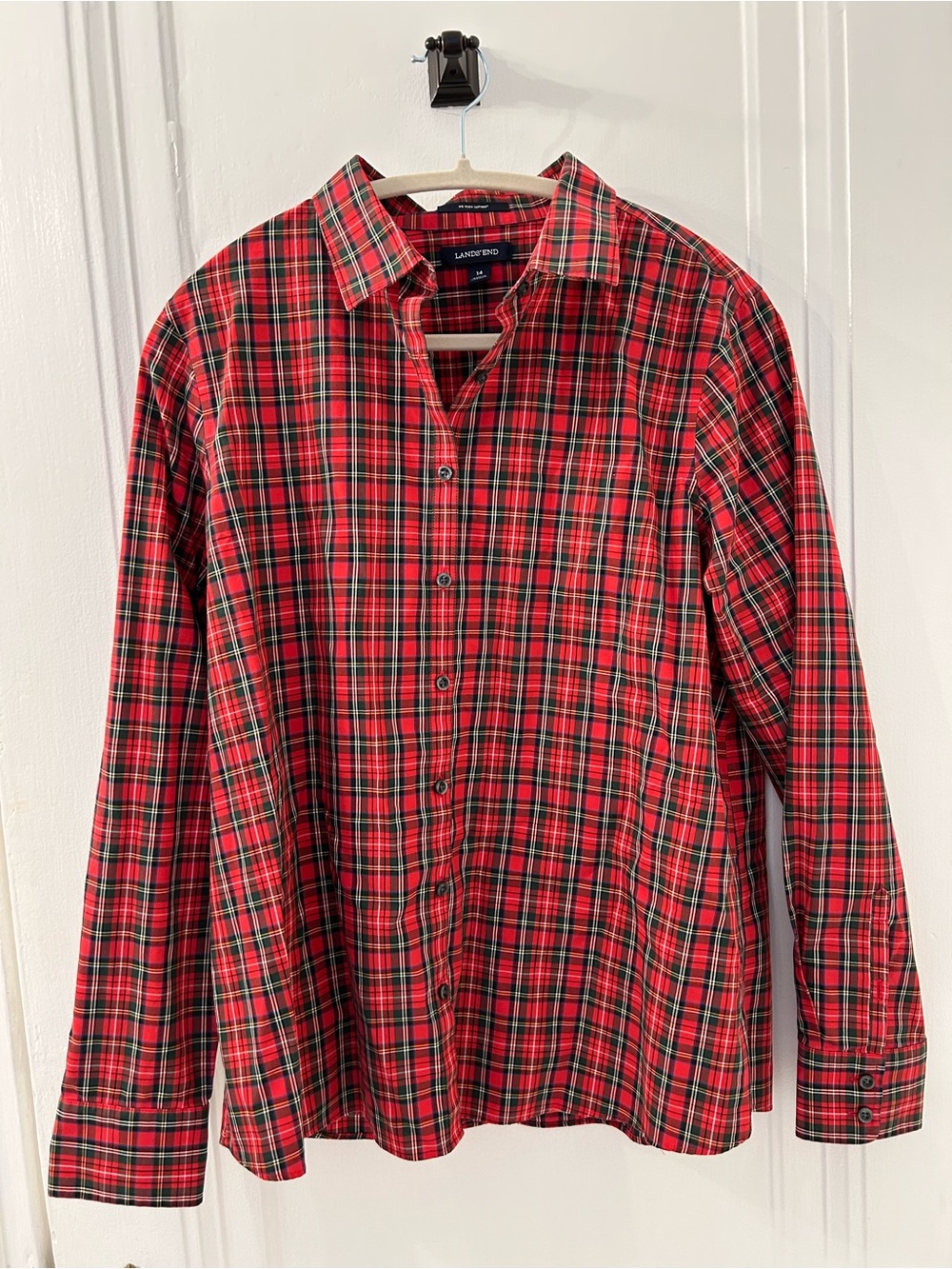 Lands' End Red and Green Plaid Button-Front Blouse